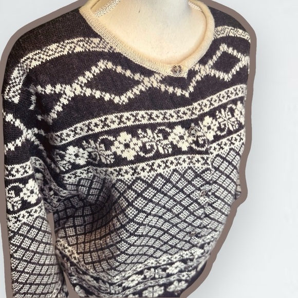 Gap Vintage 90’s Era 100% Wool Black & Cream Nordic Winter Print Cardigan Size L - Picture 14 of 14